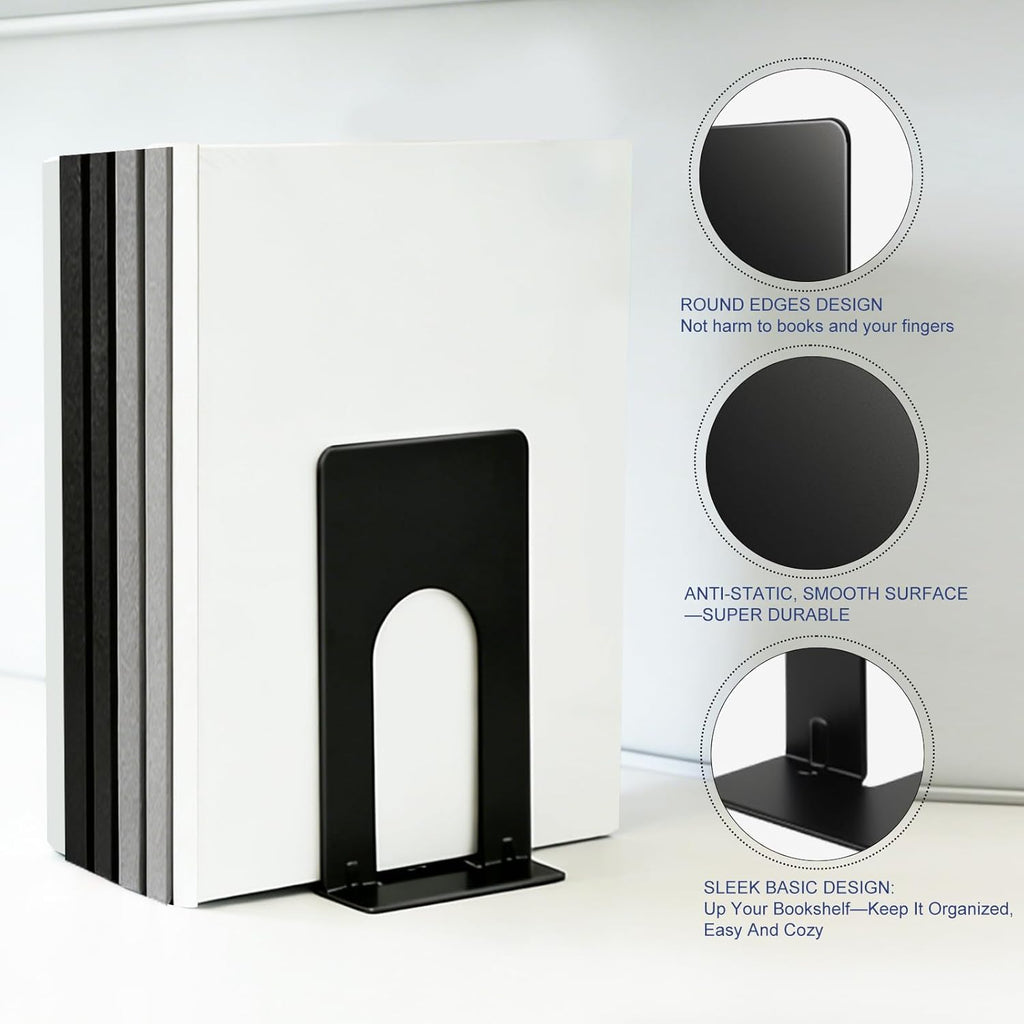 Book Ends for Shelves, 4 Pack Metal Bookends, Compact Book Stopper for Small Books, CDs, Vinyl Records, Desk & Classroom Organizer, 3.9x2.8x5.2 Inch, Gift for Book Lovers