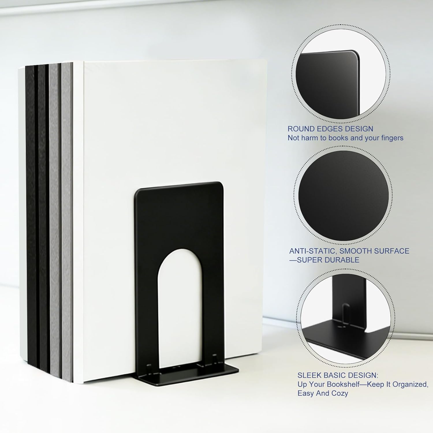 Book Ends for Shelves, 4 Pack Metal Bookends, Compact Book Stopper for Small Books, CDs, Vinyl Records, Desk & Classroom Organizer, 3.9x2.8x5.2 Inch, Gift for Book Lovers