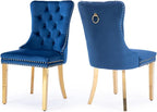 Velvet Upholstered Dining Chairs Set of 2, Modern Style Kitchen Side Chairs with Nailhead Trim and Gold Plated Leg, Metal Pulling Ring for Dining Room Living Room（Blue-Gold Plated Leg）