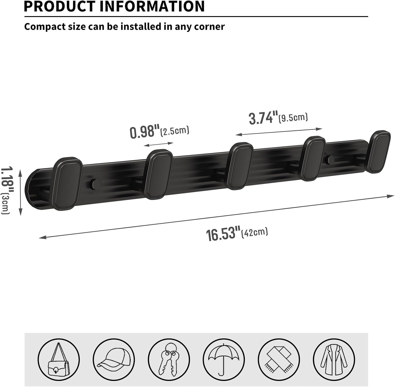 Coat Rack Wall Mount Black, 5 Hooks Rack Metal Coat Hanger Wall for Hanging Hat Purse and Robes, Towel Hook for Bathrooms and Entryway (1 Pack)