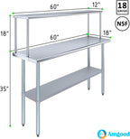 Stainless Steel Work Table with Wide Single Tier Overshelf | Metal Kitchen Prep Table & Shelving Combo (18" x 60" Work Table + 12" Overshelf)