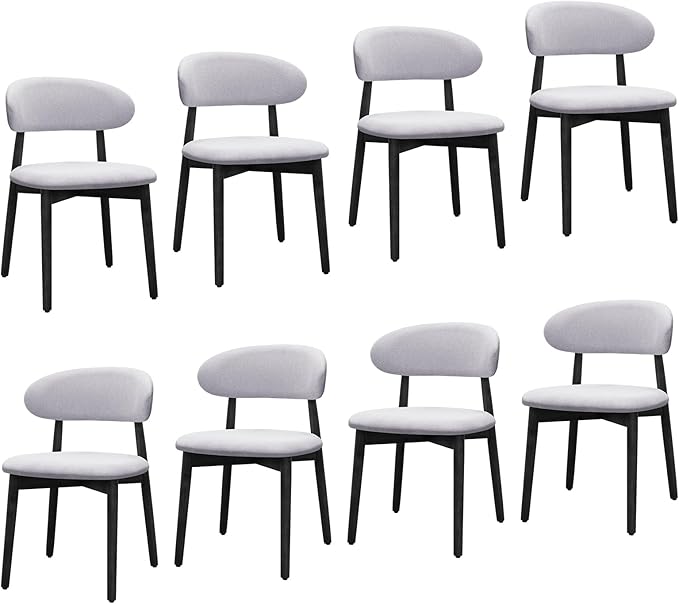 Farmhouse Dining Chairs Set of 8, Mid Century Modern Fabric Upholstered Kitchen Chairs, Wooden Dining Room Chair with Curved Back&Black Legs for Kitchen Dining Room Restaurant Cafe, Blue (Only Chairs)