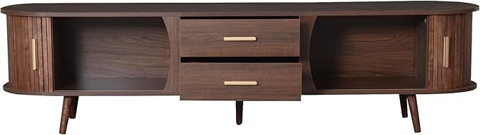 Ball & Cast Mid-Century Modern TV Stand for 80", Media Console with Sliding Doors, 2 Drawers & Solid Wood Legs, Waterproof Wood Grain Entertainment Center w/Storage for Living Room/Bedroom,Dark Brown