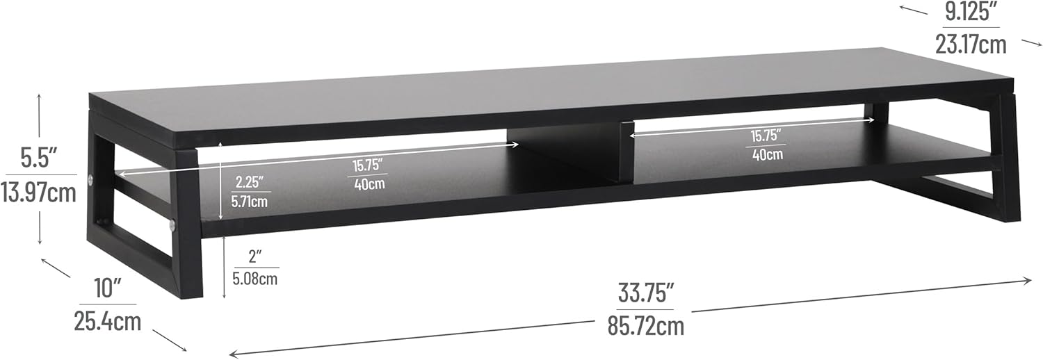 Mind Reader 2-Tier MDF Double Monitor Stand, Dual Screen Riser with Storage Shelf, 33.75 Inch Wide, 88 lb Capacity, Black