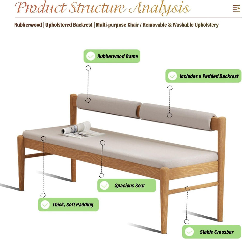 Entryway Bench with Backrest, Upholstered Rubberwood Bench with Light Gray Cu...