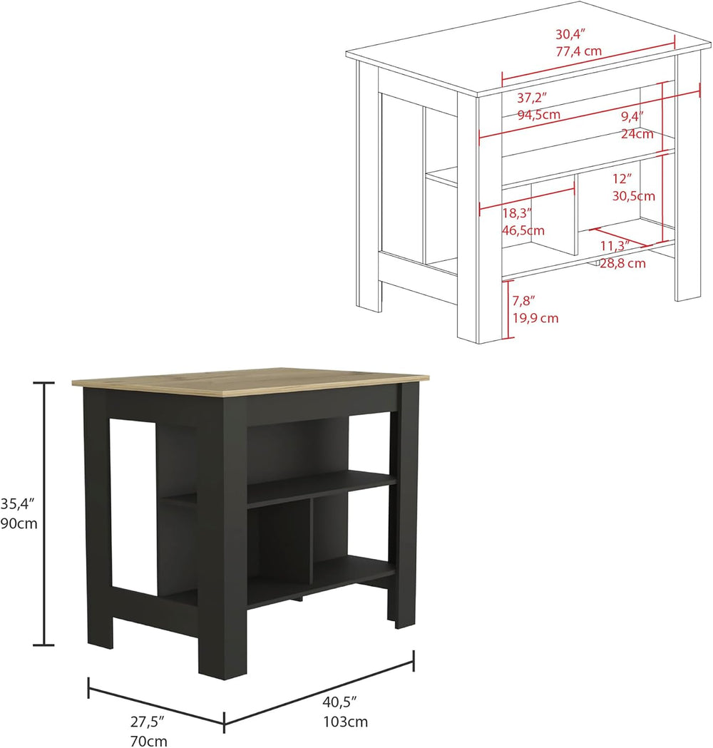 Kitchen Island with Four Legs and Three Shelves - Black/Light Oak | Three she...