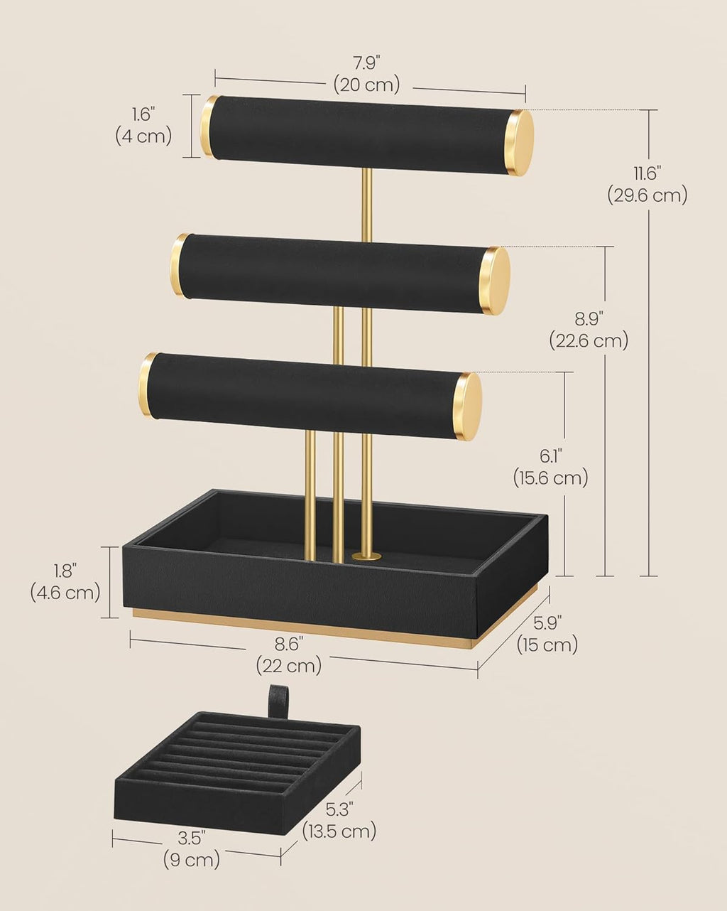 SONGMICS Bracelet Holder Stand, Jewelry Display Stand, Jewelry Organizer, with 3 Tiers and Velvet Tray, Removable Ring Holder, Christmas Gift, Ink Black UJJS027B01