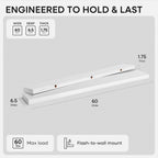 Homeforia Floating White Shelf 60 inches, High End Solid Real Wood 60inch Long Floating Shelves for Wall Mounted, White Wooden 60in Floating Shelves, Heavy Duty Bracket, 60 X 6.5 X 1.75 inch, Set of 3