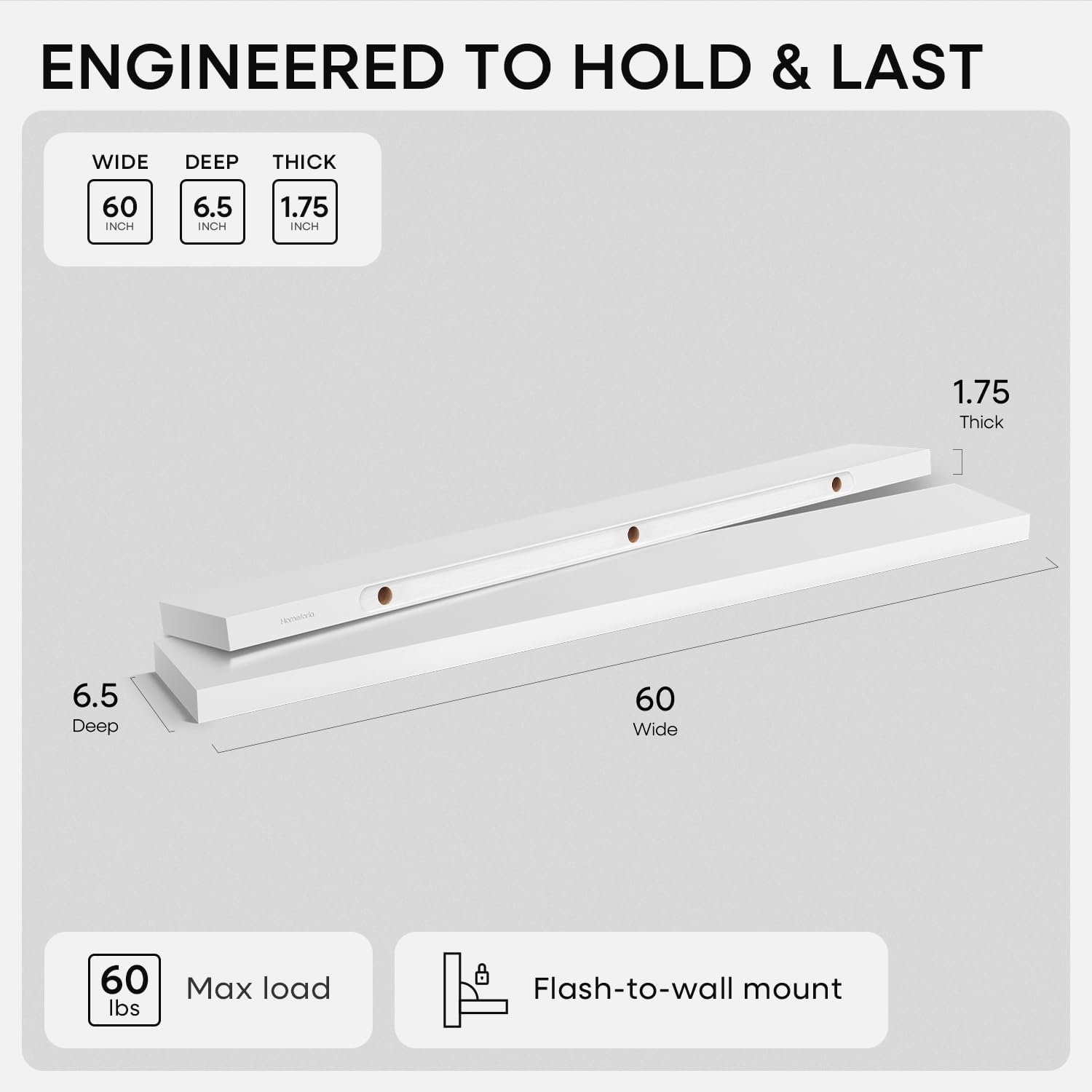 Homeforia Floating White Shelf 60 inches, High End Solid Real Wood 60inch Long Floating Shelves for Wall Mounted, White Wooden 60in Floating Shelves, Heavy Duty Bracket, 60 X 6.5 X 1.75 inch, Set of 3