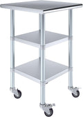 AmGood Stainless Steel Work Table with 2 Shelves and Casters | Metal Utility Table On Wheels (Stainless Steel Work Table with 2 Shelves + Casters, 24" Long x 24" Deep)