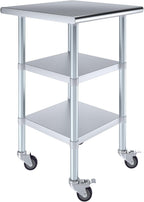AmGood Stainless Steel Work Table with 2 Shelves and Casters | Metal Utility Table On Wheels (Stainless Steel Work Table with 2 Shelves + Casters, 24" Long x 24" Deep)