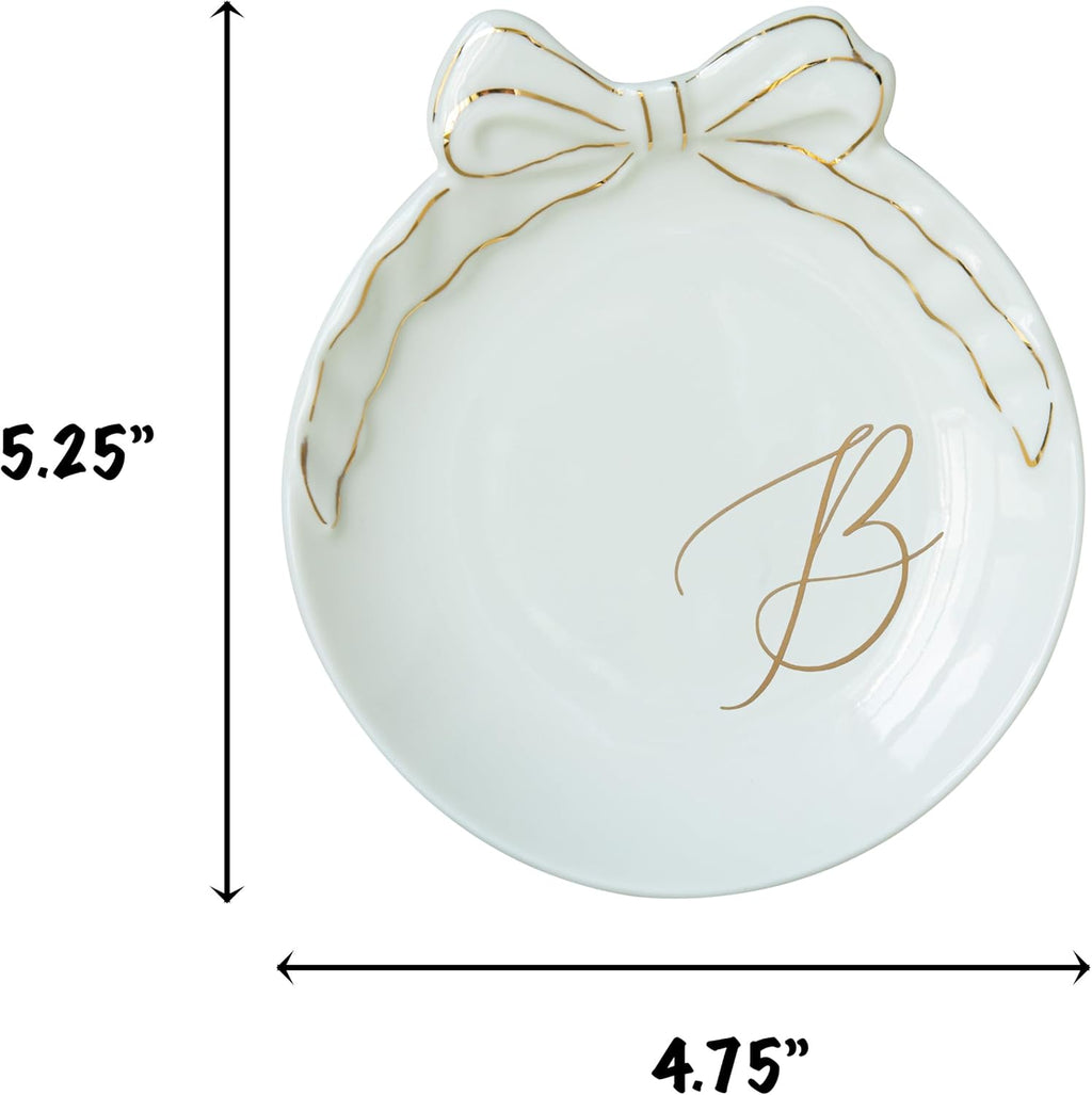COLLECTIVE HOME - Personalized Initial Ceramic Jewelry Tray with Bow, Christmas Gift Ideas for Women, Small Gift for Girlfriend Wife, Ring Holder, Earrings Dish, Birthday Gift for Her (B)