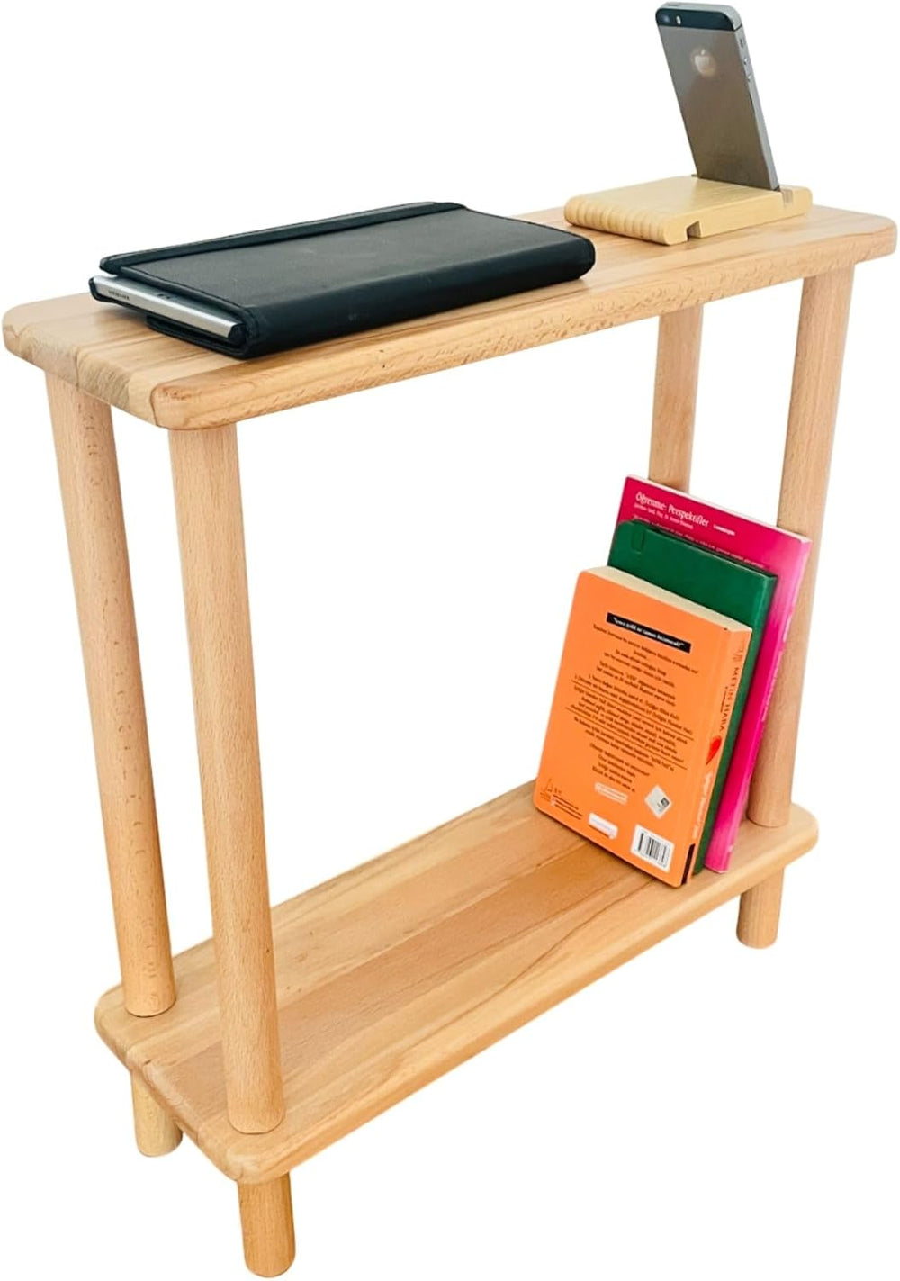 Handmade Slim Side Table Solid Beech Wood for Couch Living Room, Authentic Na...