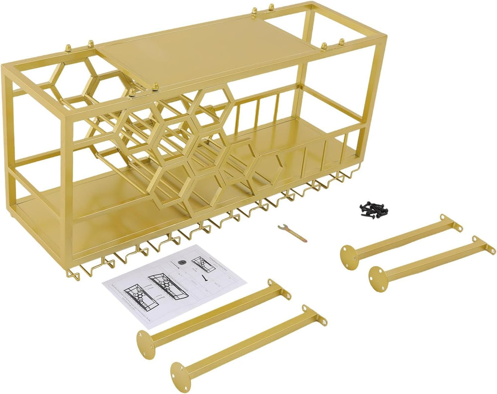 39" Ceiling Wine Rack Gold, Metal Hanging Bottle Rack with Guardrail | H...