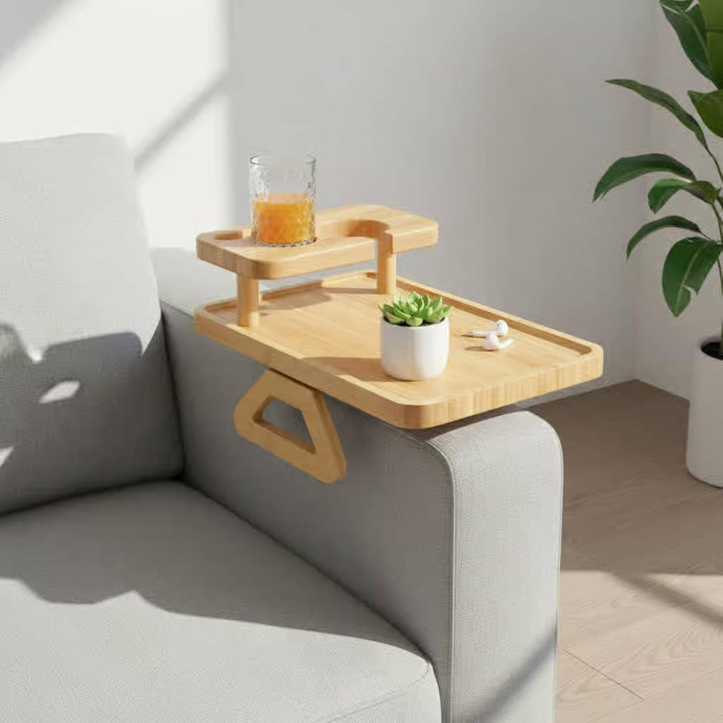 Double Layer Armrest Table Bamboo Couch Attachment with Non Slip Pads and Expandable Clip Suitable for Living Room Apartment Dorm Room