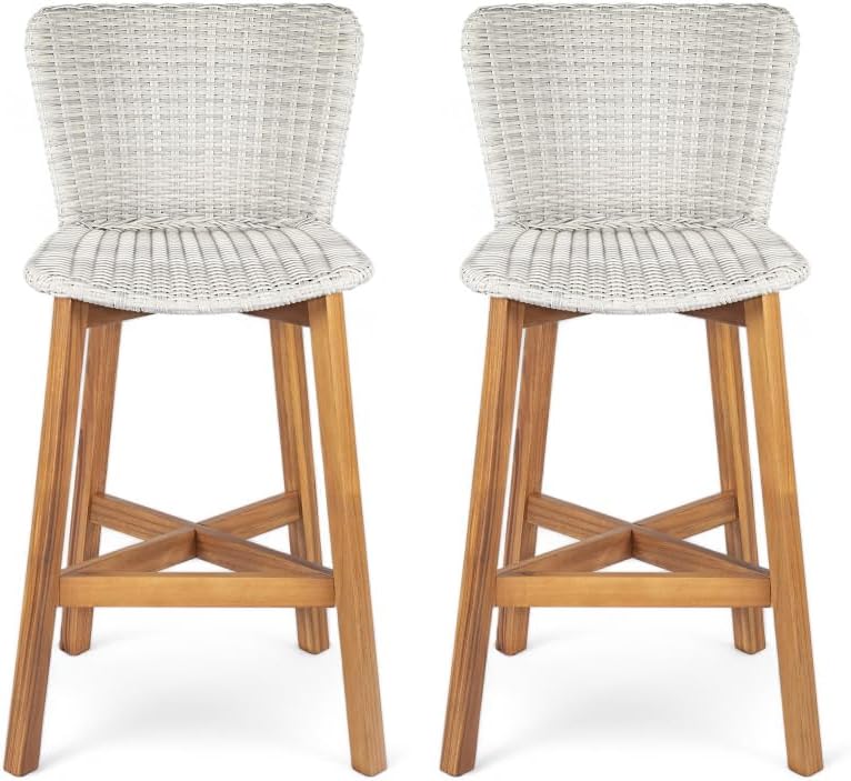 Saiveina Lymington Outdoor Bar Stool, Teak Finished Wood with Light Grey Wick...