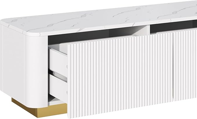 Ball & Cast Luxury Fluted TV Stand with 4 Drawers for TVs up to 85", Modern Media Console w/Faux Marble Tabletop and Gold Base, Curved Profile Design,Entertainment Center for Living Room,White
