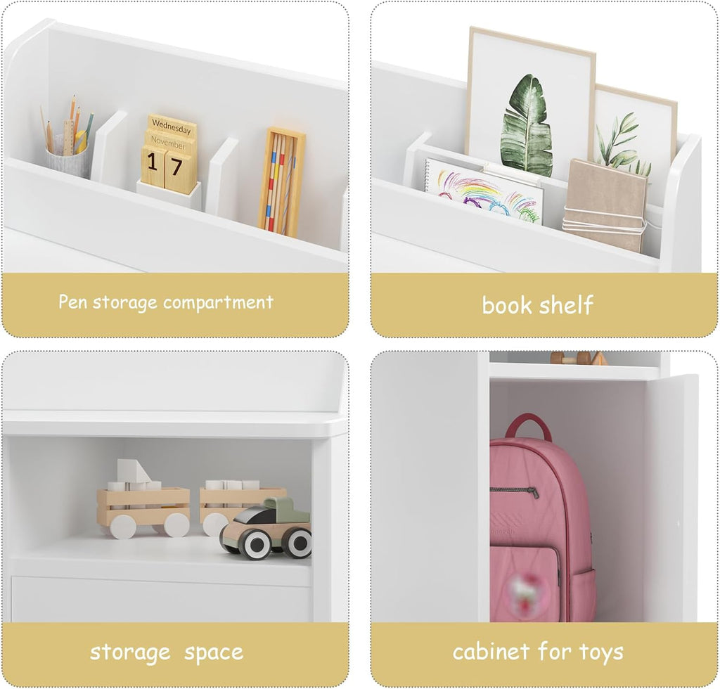 Kids Desk and Chair Set,Study Desk for Kids with Hutch, Storage Cabinet, Wooden Children Study Table, Student Writing Desk Computer Workstation for Kids Bedroom & Study Room,White