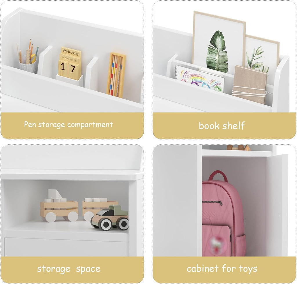 Kids Study Desk with Chair,Wooden Children Study Table, Kids Desk & Chair Sets with Hutch and Storage Cabinet for 3-12 Year Old, Student Writing Desk Computer Workstation for Kids Bedroom & Study Room