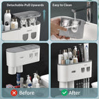 Toothbrush Holders Wall Mounted, Toothbrush Holder with Automatic Toothpaste Dispensers, 6 Brush Slots, 2 Magnetic Cups,1 Cosmetic Drawer Organizer and 1 Large Storage Tray