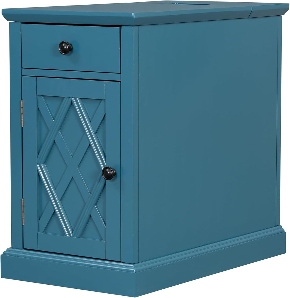 Polibi End Table with USB Ports and Storage, Bedside Table with Artistic Door...