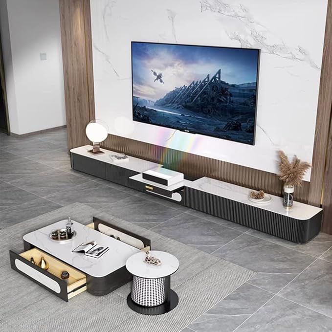 POVISON Fully-Assembled Modern TV Stand for Projector, Sintered Stone Entertainment Center with Storage for Living Room, TV Cabinet with Drawers for 120+ inch TV, Media Console for Living Room