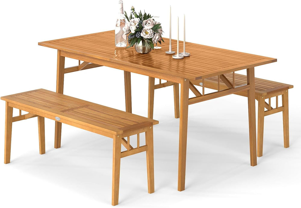 Tangkula 3 Pieces Patio Dining Set, Acacia Wood Space Saving Outdoor Rectangu...