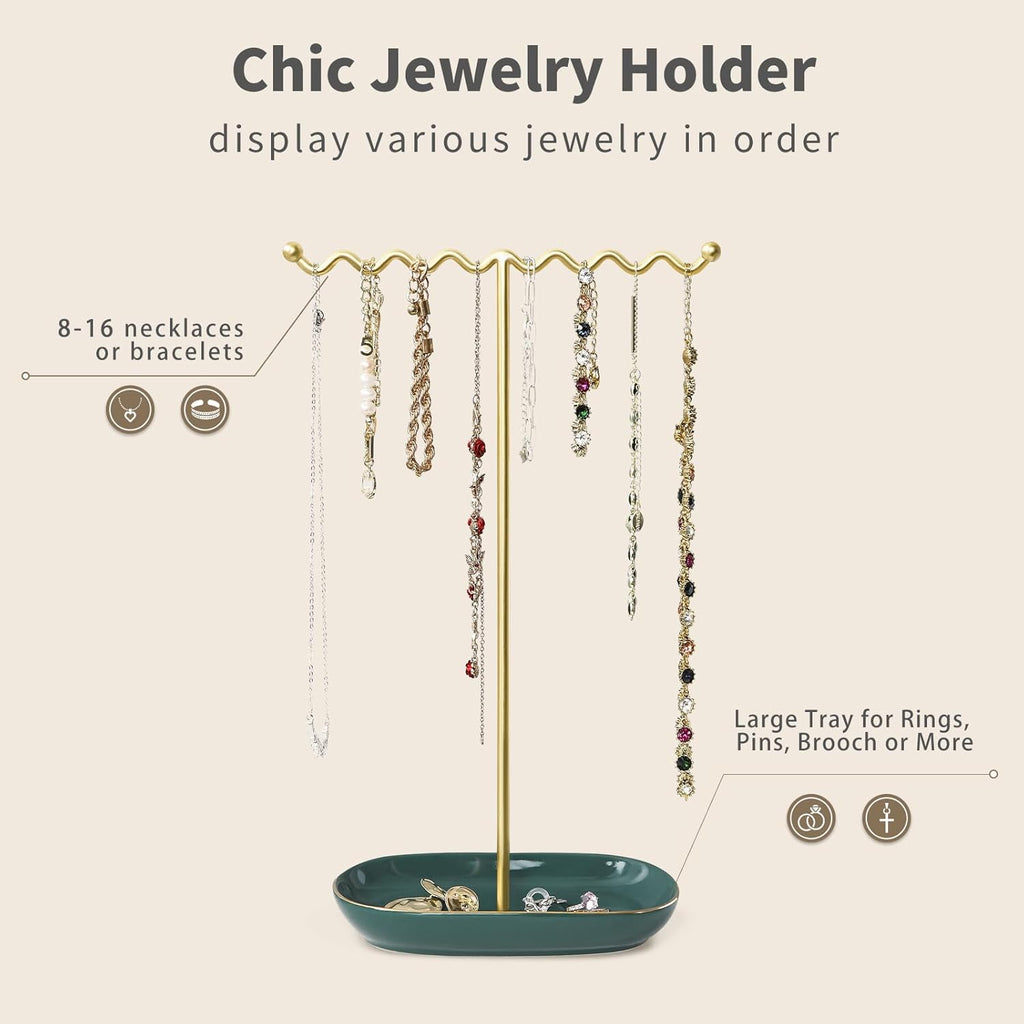 Elegant Jewelry Holder Stand: Metal Tree & Ceramic Tray Organizer for Necklaces, Rings, Earrings - Durable, Rustproof Display Holder Easy to Access Emerald Green