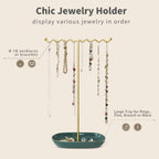 Elegant Jewelry Holder Stand: Metal Tree & Ceramic Tray Organizer for Necklaces, Rings, Earrings - Durable, Rustproof Display Holder Easy to Access Emerald Green