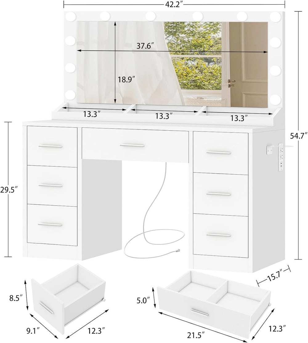 FIONESO Vanity with Large Mirror and 12 LED Lights, Vanity Desk with 7 Drawer...