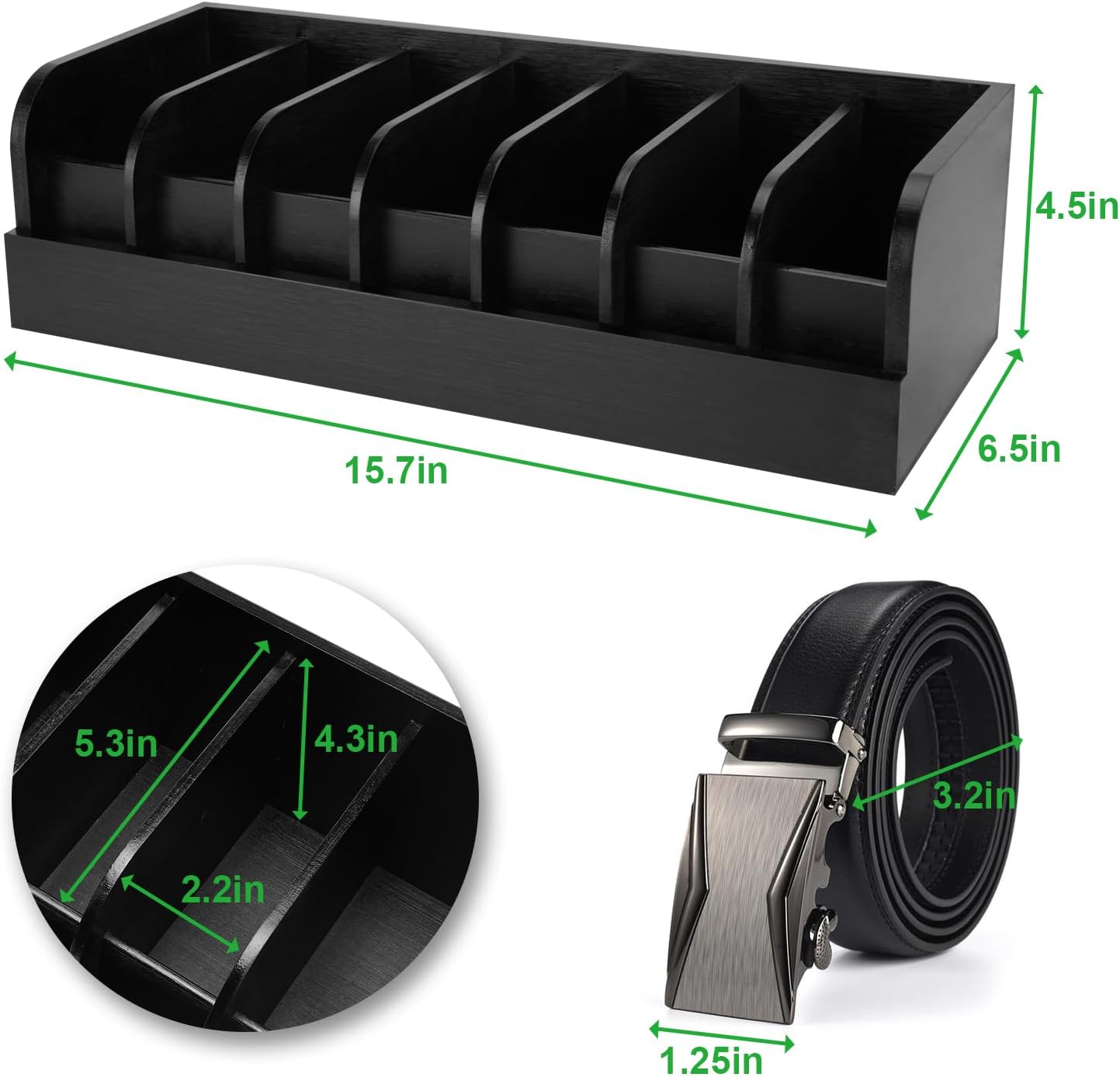 GTI Belt Organizer,2pcs 7 Compartments Belt Organizer for Closet and Drawer, Bamboo Display Case for Tie and Belt, Belt Storage Organizer for Men Women (Black)