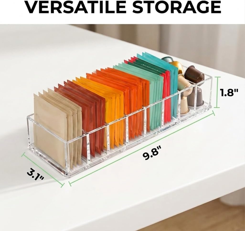 Tea Bag Organizer Box with Compartments, Tea Storage Container for Kitchen Countertop, Clear Tea Holder for Tea Bags, Coffee, Sugar Packets, Pantry Organizer