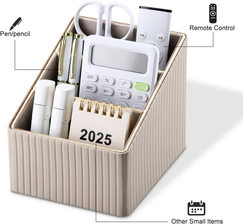 KINGFOM 3 Slot PU Leather Remote Controller Holder, Home Sundries Storage Box, TV Guide/Mail/CD Organizer/Caddy/Holder with Free Cable Desk Organizer (Dark Beige)