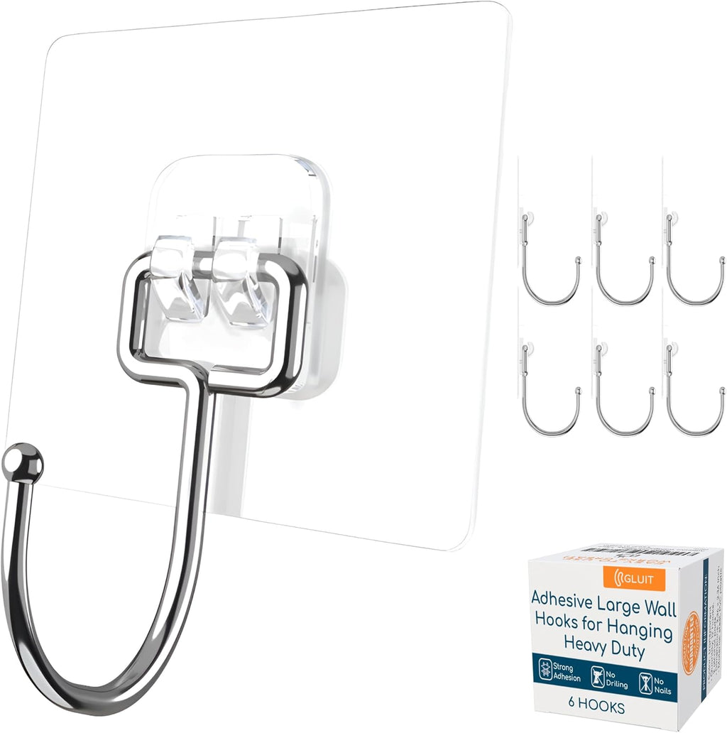 GLUIT Adhesive Large Wall Hooks for Hanging Heavy Duty 22 lbs Hooks for Walls No Damage, Towel Sticky Clear Hooks, Waterproof, Home, Bathroom, Kitchen, Office, and Outdoor 6 Pack