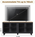 Ball & Cast Farmhouse TV Stand with Tempered Glass Doors for TVs up to 70",Sideboard Buffet w/5 Solid Wood Gourd-Shaped Legs & Adjustable Shelf,Entertainment Center for Living Room,Black+Natural