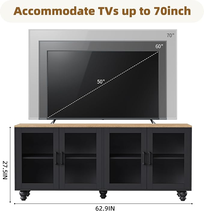 Ball & Cast Farmhouse TV Stand with Tempered Glass Doors for TVs up to 70",Sideboard Buffet w/5 Solid Wood Gourd-Shaped Legs & Adjustable Shelf,Entertainment Center for Living Room,Black+Natural
