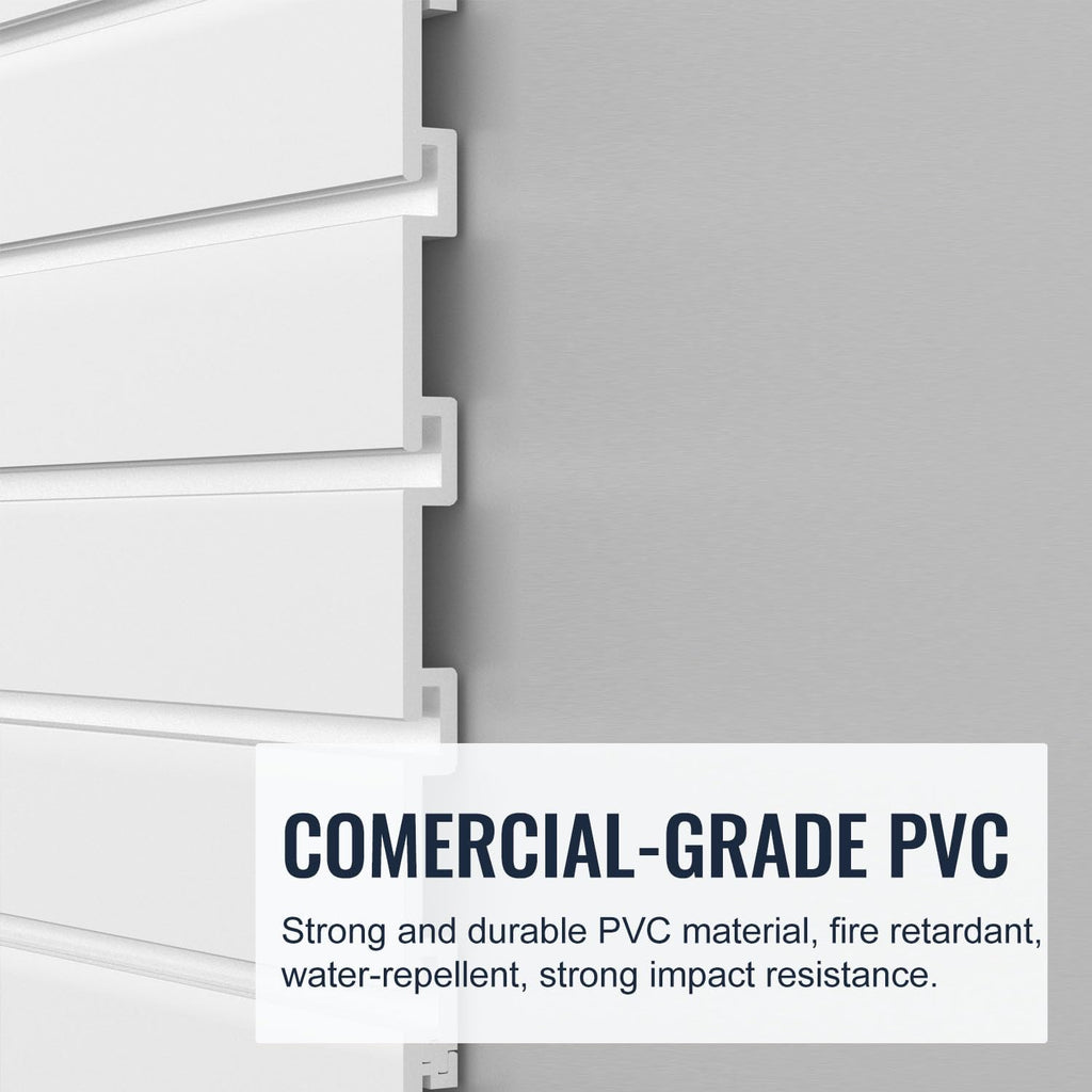 Slatwall Panel Garage Organizer PVC Slatwall Heavy Duty Wall Mounted Rack, Interlocking Slat Wall Panels for Tool Organization Peg Board(White 4 x 4 ft)