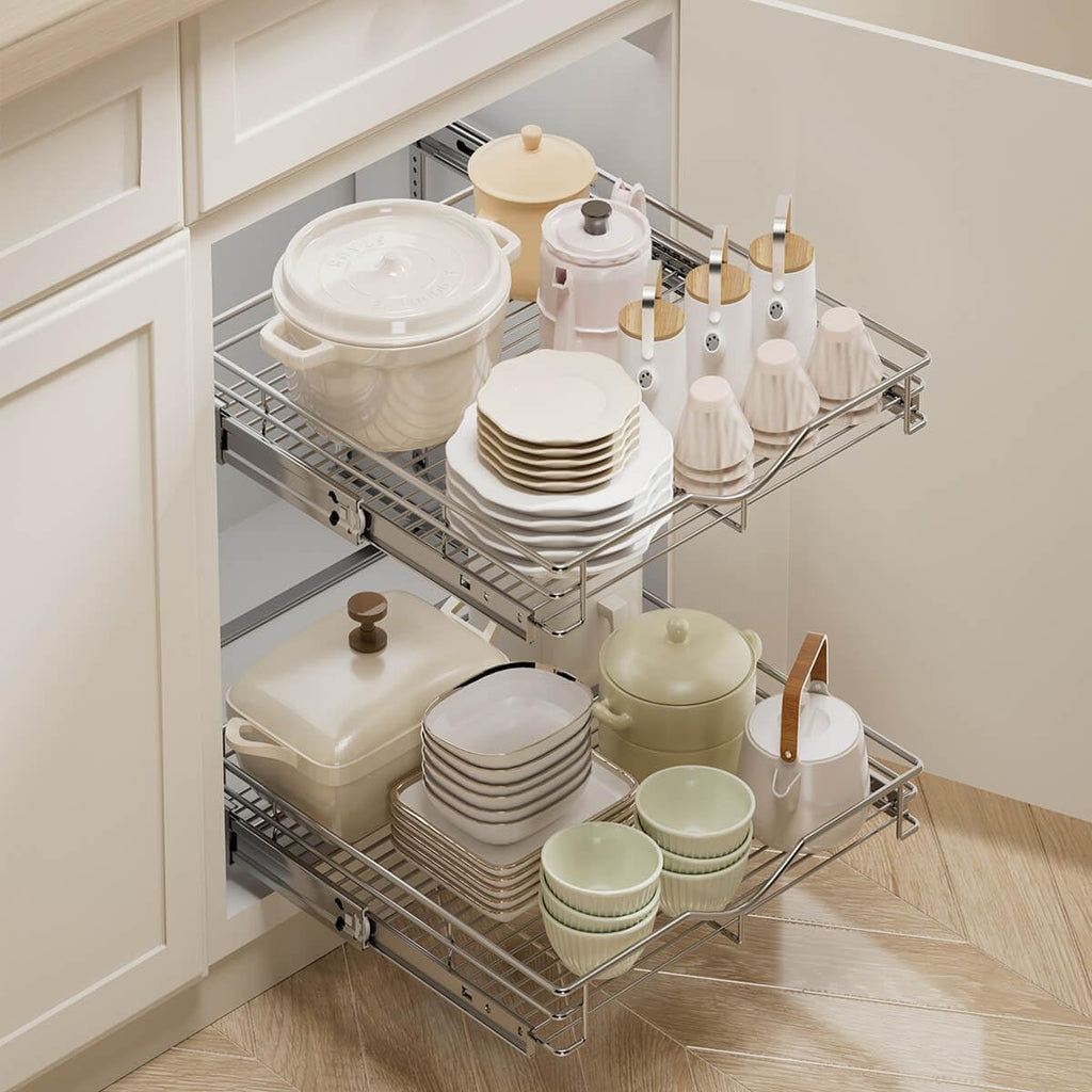 DINDON 2 Tier Pull Out Cabinet Organizer (20" W X 18" D), Double Tier Wire Basket Slide Out Shelf Storage for Kitchen Base Cabinet Organization for Kitchen, Pantry, Bathroom, Chrome