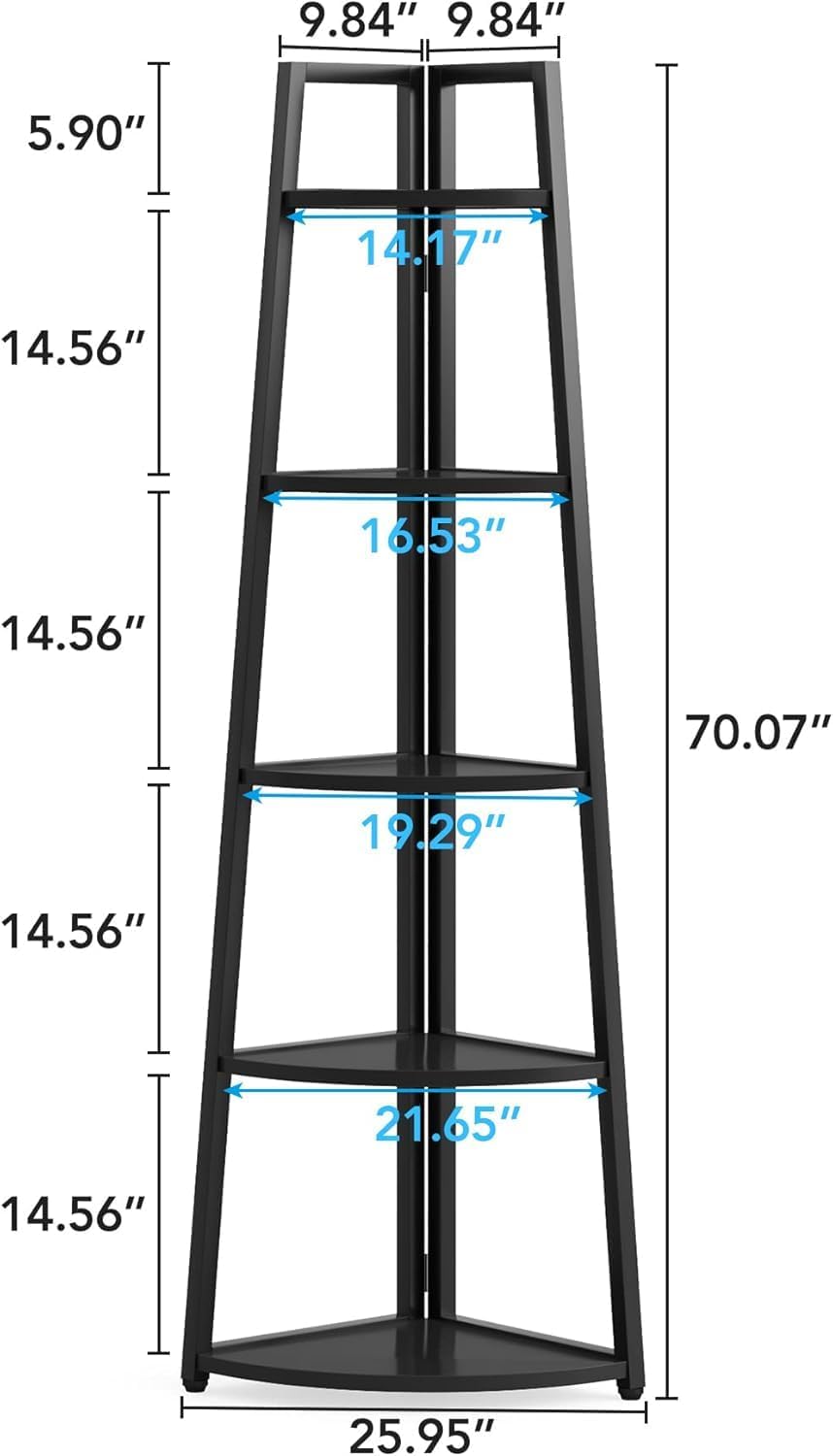 BIGTO Tall Ladder Display Shelf 16.55"*15"*69.3", Black Metal Corner 5-Tier Bookshelf Home Furniture