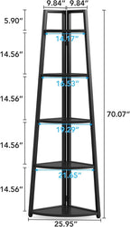 BIGTO Tall Ladder Display Shelf 16.55"*15"*69.3", Black Metal Corner 5-Tier Bookshelf Home Furniture