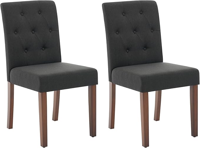 Upholstered Dining Chairs Set of 2, Modern Fabric Kitchen Side Chairs with Sturdy Wood Legs, Parsons Design, Comfortable Soft Linen for Dining Room, Restaurant, Cafe, Black
