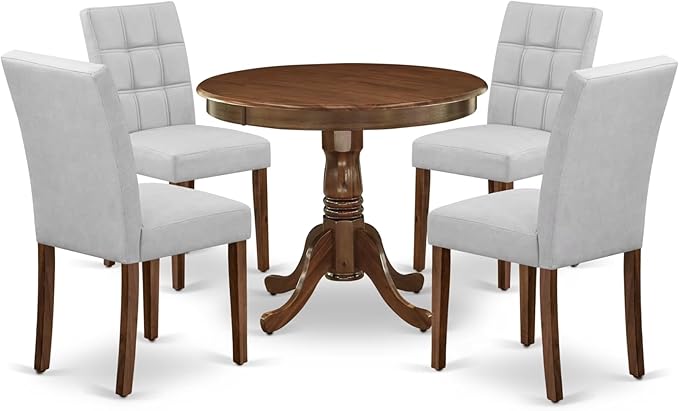 East West Furniture ANAS5-AWA-27 5 Piece Mid Century Dining Set Includes A Dinner Table and 4 Light Gray Polyester Fabric Parsons Chairs, Antique Walnut