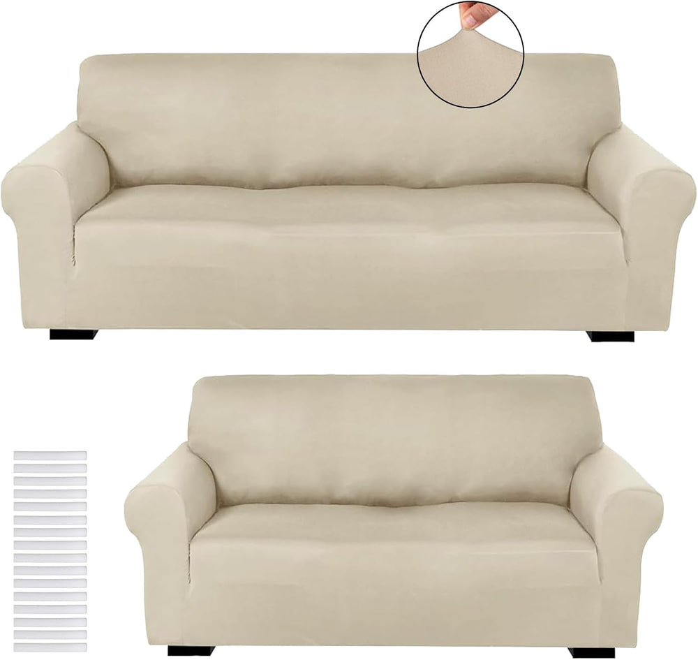 Peryiter 2 Pcs Couch and Loveseat Sofa Covers,Beige,Milk Silk