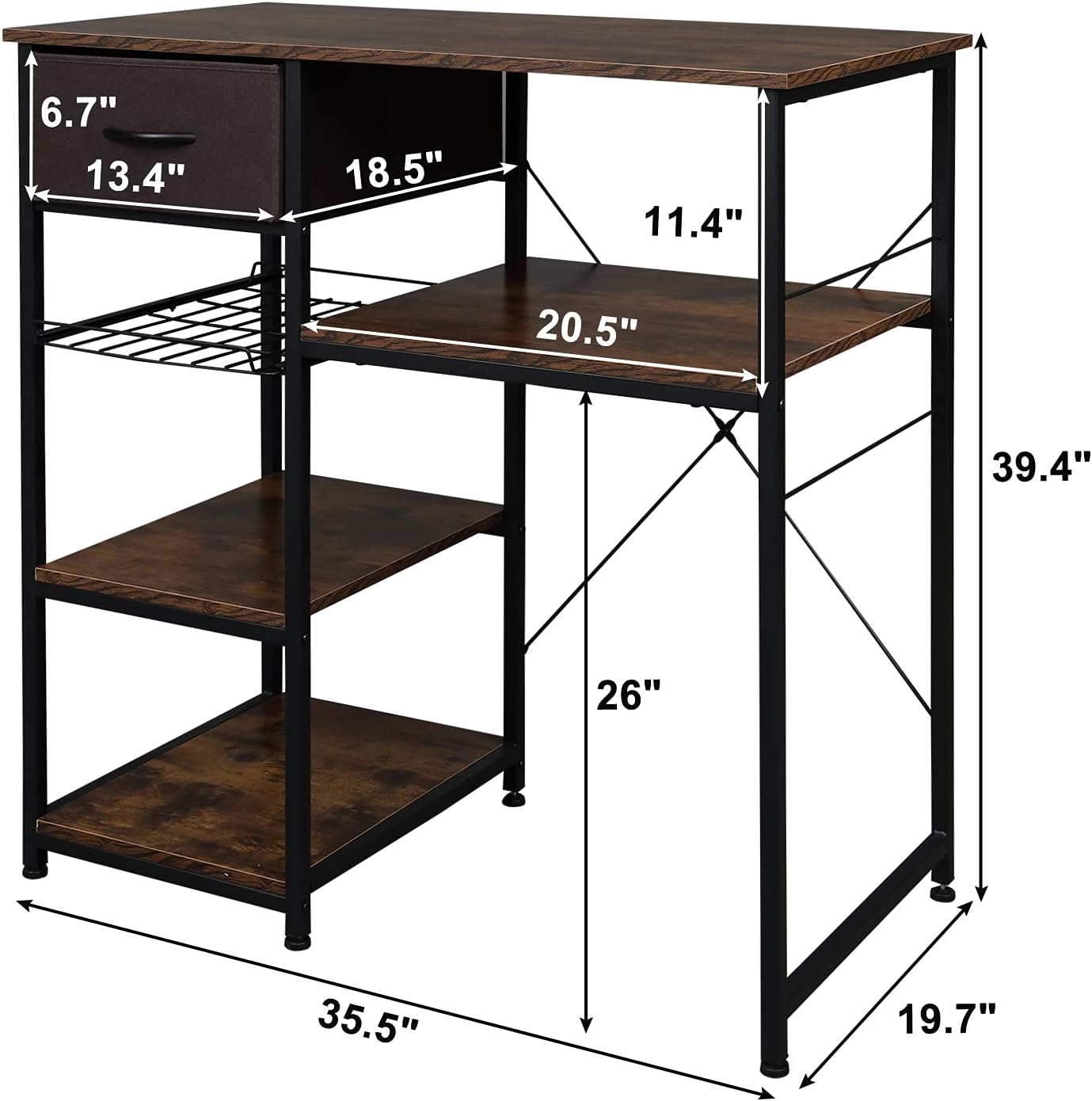 VINGLI Bakers Racks for Kitchens with Storage Mini Fridge Stand Bar Cabinet with Mini Fridge Space, Big Drawer, Wine Rack, Metal Frame Industrial Workstation Microwave Oven Stand 4-Tiers