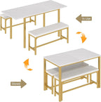 VECELO 3-Piece 63" Extendable Kitchen Table with Benches/Chairs, Modern Breakfast Dinette/Dining Room Set for 4/6/2, Small Space Saving Design, Easy Assembly
