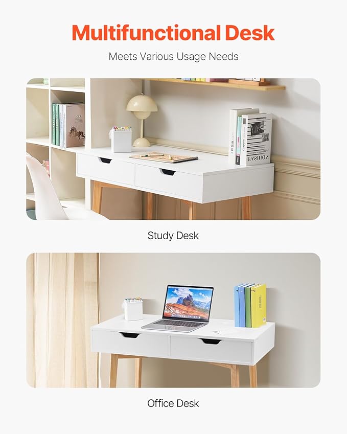 VEVOR Small Desk with Drawers, Kids Desk for Bedroom, Wooden Simple Study Table for Drawing, Reading, Writing, Rectangle MDF Furniture Study Storage Table for Home, Office, White + Wood