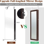 Giantex Wall Door Mounted Jewelry Armoire Cabinet with 47.5" H Full Length Mirror, 2 LEDs Lockable Jewelry Organizer Box with Bracelet Rod, 2 Drawers, Large Storage Capacity (Espresso)