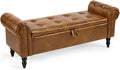 Furniliving 55” End of Bed Bench, Bedroom Bench with Button-Tufted, Large Upholstered Storage Ottoman Entryway Bench with Storage Shoe Cabinet Bench, for Bedroom, PU, YellowBrown