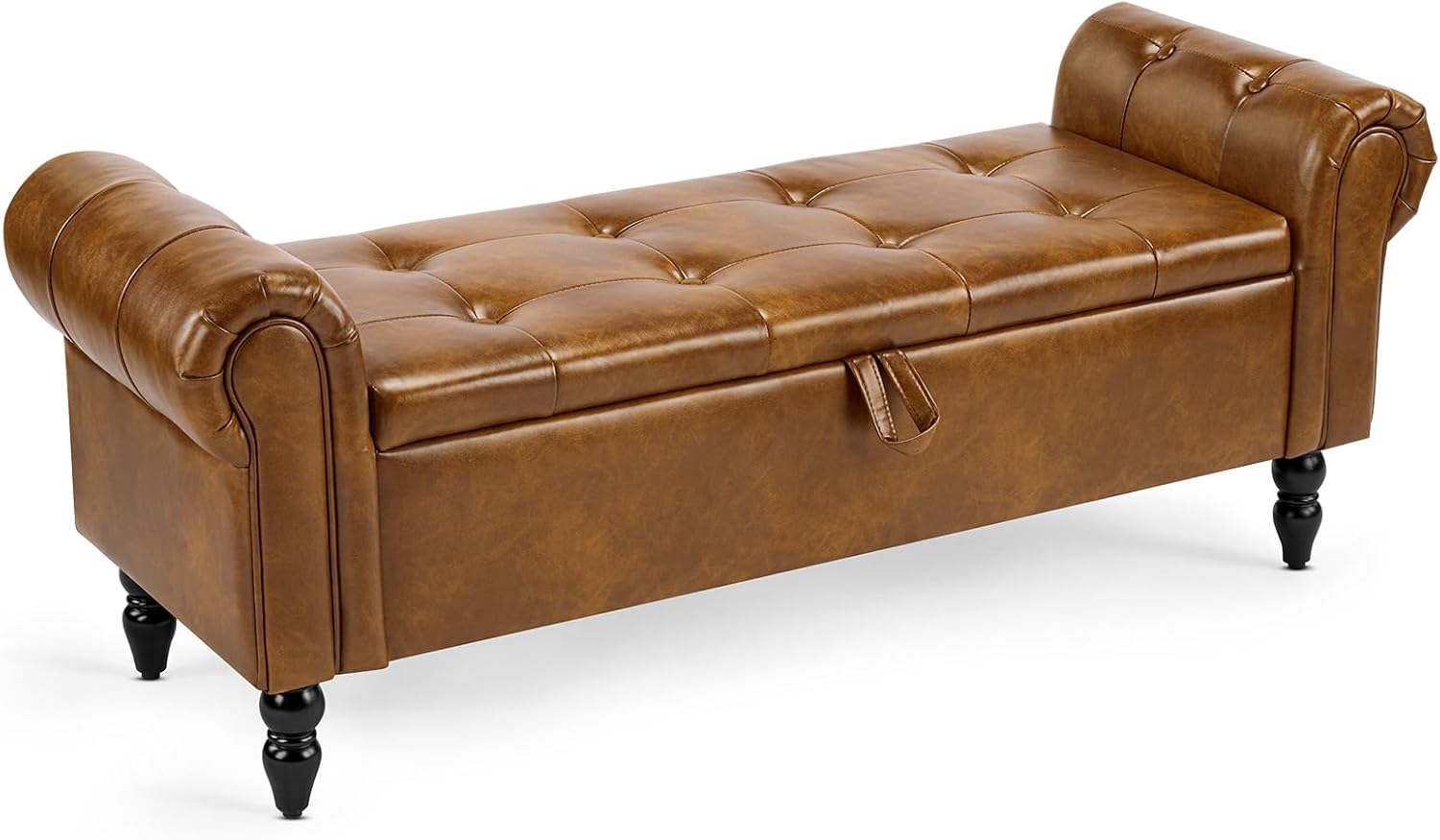 Furniliving 55” End of Bed Bench, Bedroom Bench with Button-Tufted, Large Upholstered Storage Ottoman Entryway Bench with Storage Shoe Cabinet Bench, for Bedroom, PU, YellowBrown