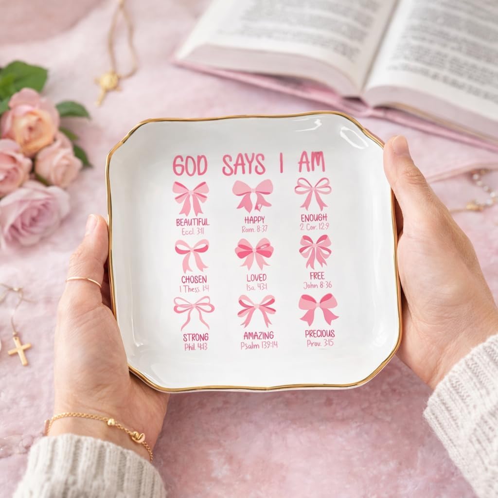 God Says You Are Jewelry Dish - Pink Bow Ceramic Ring Holder Tray for Women, Inspirational Bible Verse Jewelry Organizer Gift for Birthday, Christmas, Wedding, Friend, Mom